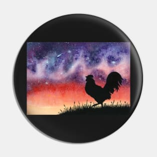 Sunset Rooster and Starry Sky Watercolor Pin