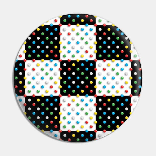 Primary Coloured Discs on Black & White Check Pin by sleepingdogprod