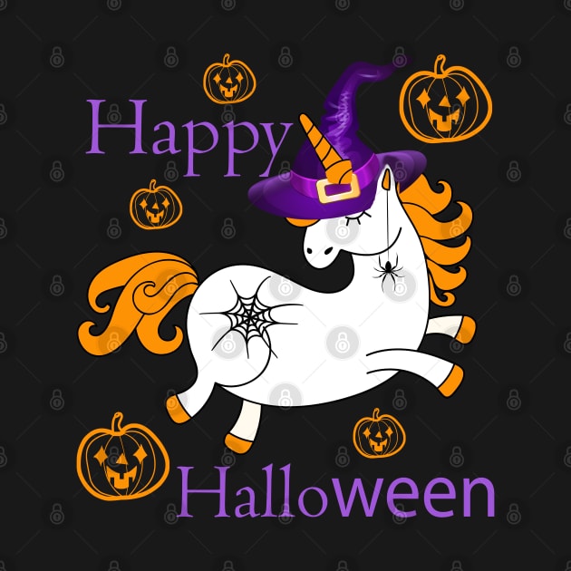 Enchanted Halloween: a baby unicorn in a wizard's hat with a spider web tattoo and a spider earring, against a Jack-o'-Lanterns background by KrasiStaleva
