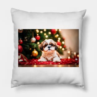 Shih Tzu Puppy by Christmas Tree in Holiday Studio Scene Pillow