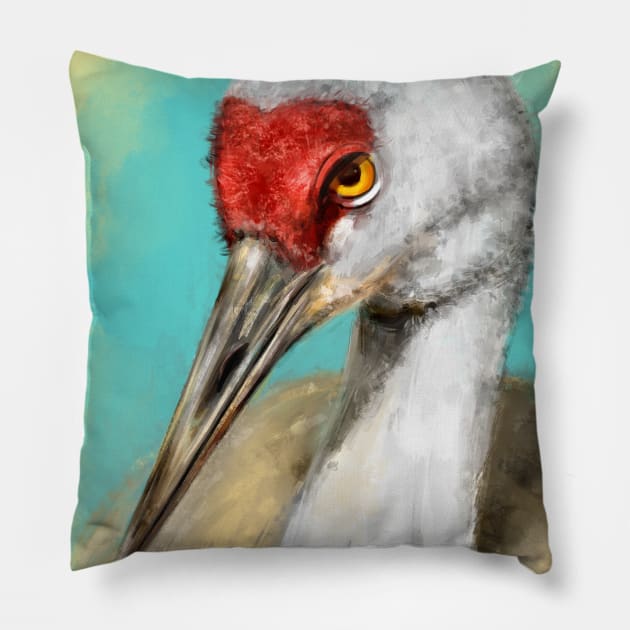 Painting of a Crane with Vibrant Colors on Yellow Blue Background Pillow by ibadishi