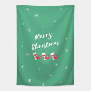 Merry Christmas Elf Shoes and Snowflakes on green Background Tapestry