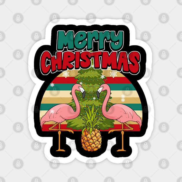 Merry Christmas Pineapple Xmas Tree And Flamingos Gift Magnet by YouareweirdIlikeyou