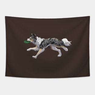 Running Tricolor Slate Blue Merle Border Collie with Frisbee Tapestry