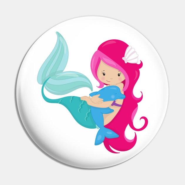 Cute Mermaid, Little Mermaid, Pink Hair, Dolphin Pin by Jelena Dunčević