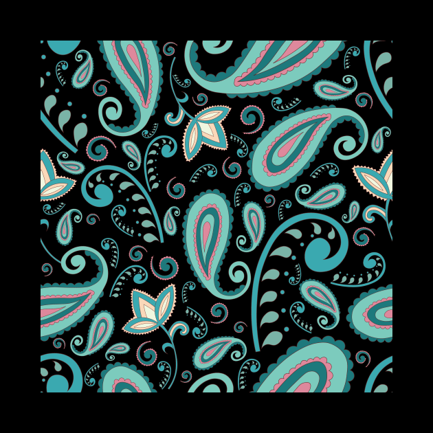 Bright Coral Green Paisley Midnight Black by novaya