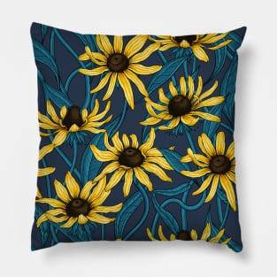 Yellow Rudbekia on navy Pillow