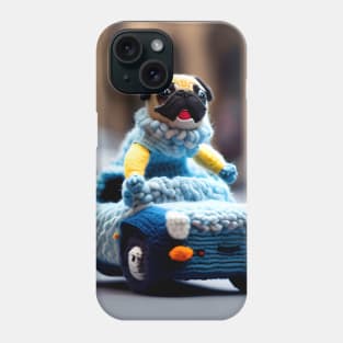 A knitted pug dog driving a woolly convertible car Phone Case