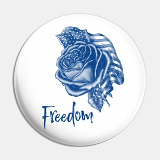 US Flag with Rose Flower - Blue Monochrome Illustration Pin