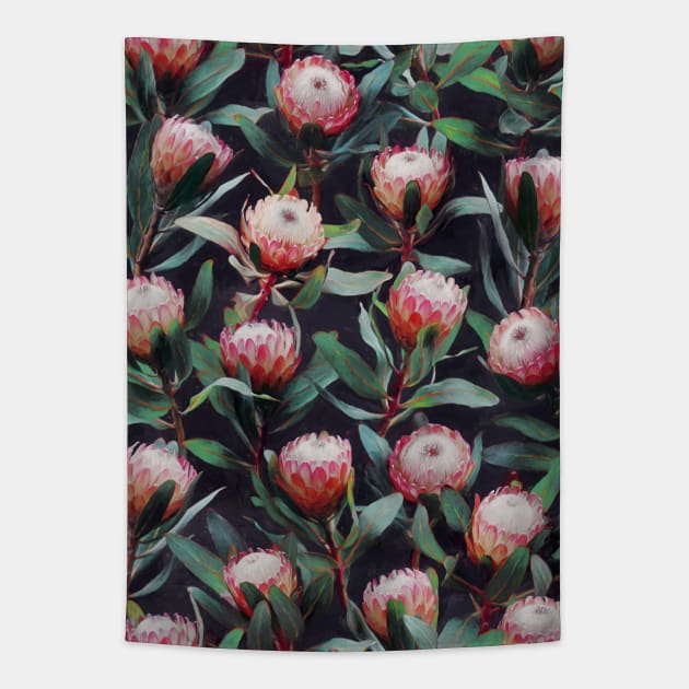 Evening Proteas - Pink on Charcoal Tapestry by micklyn