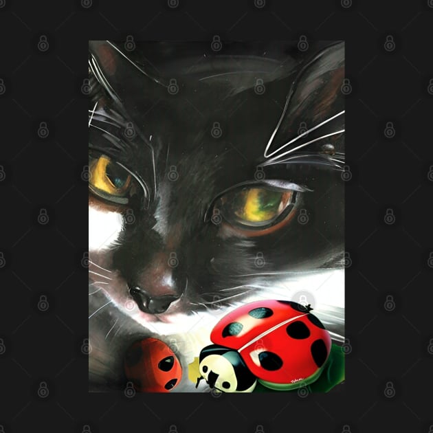 Cute Tuxedo Cat Nelson with Lady Bug Copyright TeAnne by TeAnne