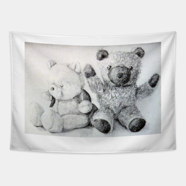 Teddy Bears - charcoal drawing by Avril Thomas Tapestry by AvrilThomasart