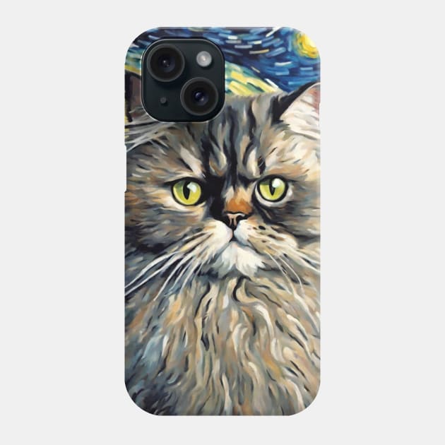 Adorable Persian Cat Breed Painting in a Van Gogh Starry Night Art Style Phone Case by Art-Jiyuu