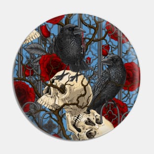 Raven's secret. Dark and moody gothic illustration with human skulls and roses Pin