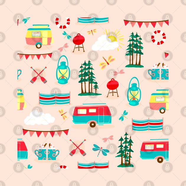 Vintage caravans on a campsite repeat pattern by NattyDesigns