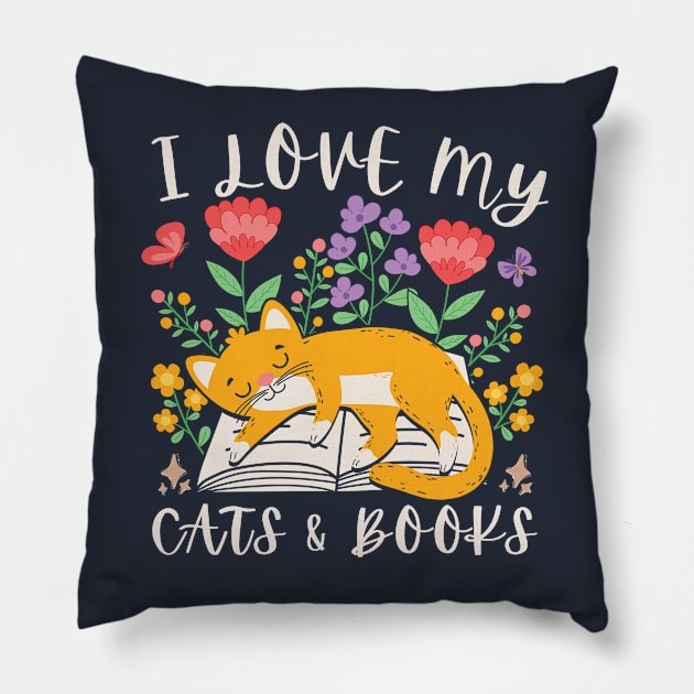 I Love My Cats & Books Pillow by Owlora Studios