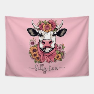 Silly cow heifer highland bovine floral pink design Tapestry