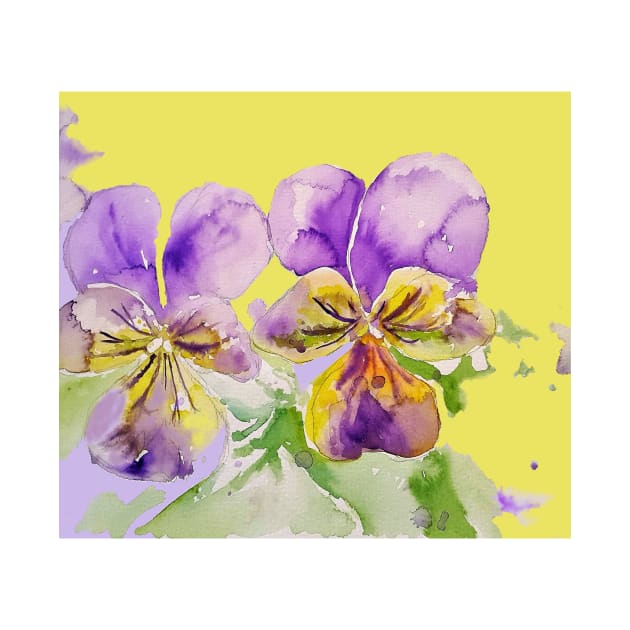 Viola Watercolor Purple Flower - violas On Yellow by SarahRajkotwala