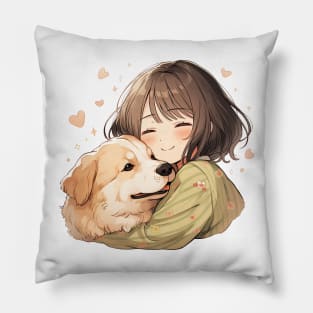 Cute Manga Girl Cuddling Dog Pillow