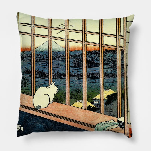 Cat Neko looking at Mount Fuji Japanese art Pillow by geekmethat