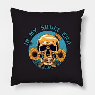 IN MY SKULL ERA, sunflowers, retro skull Pillow