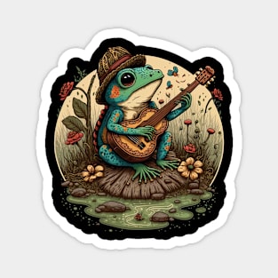 Cottagecore aesthetic cute frog playing ukelele on Mushroom Magnet