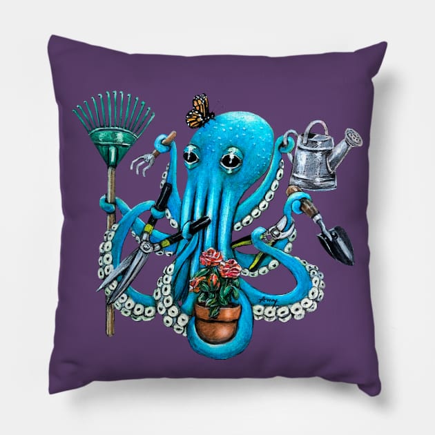 "Octo Gardener" - Octopus Landscaper Pillow by GardenPartyArt