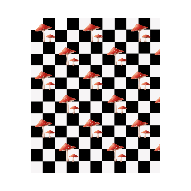 Black and white Mushroom checkerboard pattern by Vintage Dream