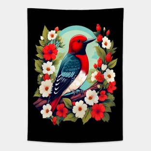 Cute Red Headed Woodpecker Surrounded by Vibrant Flowers Tapestry