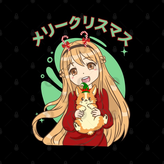 Kawaii Anime Blonde Girl And Corgi Christmas by Sugoi Otaku Gifts