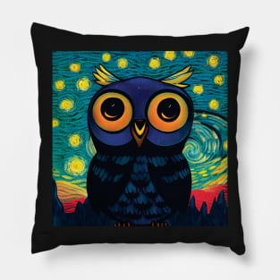 Owl in Van Gogh Style Starry Night Sky with Red Fields Pillow