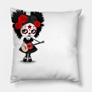 Sugar Skull Girl Playing Maltese Flag Guitar Pillow