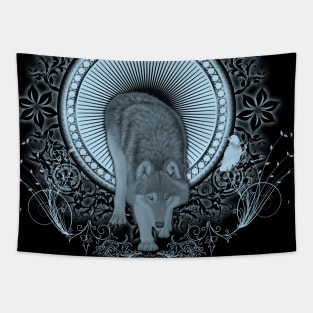 Awesome wolf with crow in blue and black Tapestry