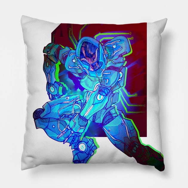 Cyberpunk robot with blue colors Pillow by Estef Mos Art