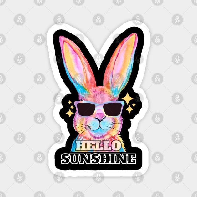 Hello Sunshine - Rainbow Bunny greeting with shades on Magnet by The Magic Yellow Bus