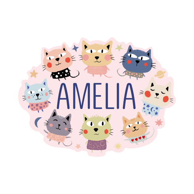 Amelia name with cartoon cats by WildMeART