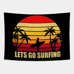 Logo mit Sonnenuntergang und Surfboard Tapestry