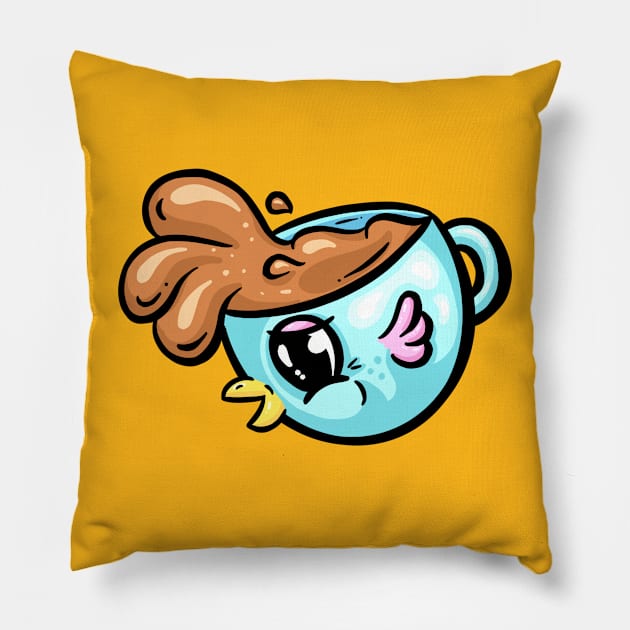 Chick Chook Coffee Cup Cartoon Illustration Pillow by Squeeb Creative