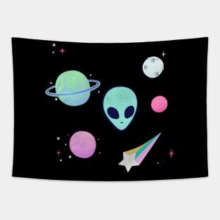 Alien With Stars And Planets Colorful Tapestry