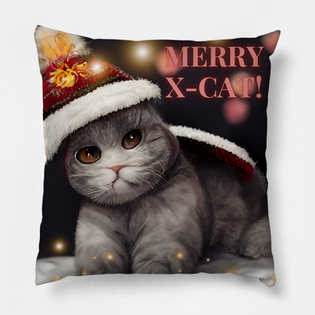 Christmas cat - charming shorthair on the Xmas cosy evening Pillow by Design-by-Evita