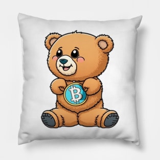 Cartoon Teddy Bear with a Bitcoin Coin Pillow