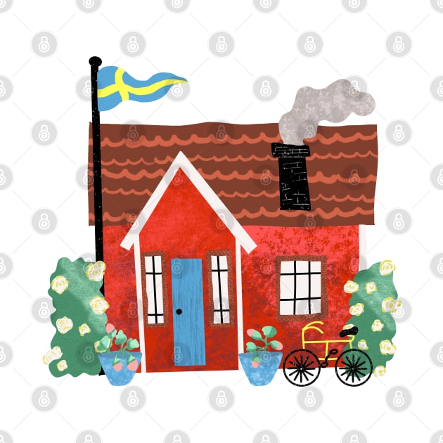 Swedish Summer Cottage with Flags - Midsommar Stuga - Pink Background by Ipoole