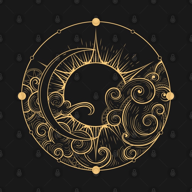 Hand Drawn Golden Sun and Moon with Cloud Esoteric Symbol. by devaleta