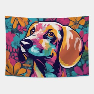 Dashing Dachshund, vibrant dog surrounded by flowers Tapestry