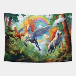 Enchanted Flight: Rainbow Pegasus Soaring Through the Forest Tapestry