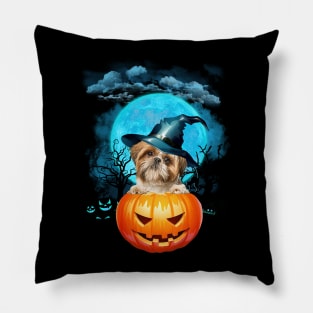 Shih Tzu Witch Hat Pumpkin And Blue Moon Halloween Pillow