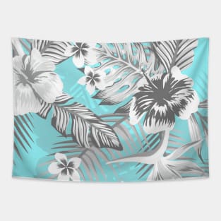 Light Blue and Grey White Hibiscus Floral Flower Tapestry