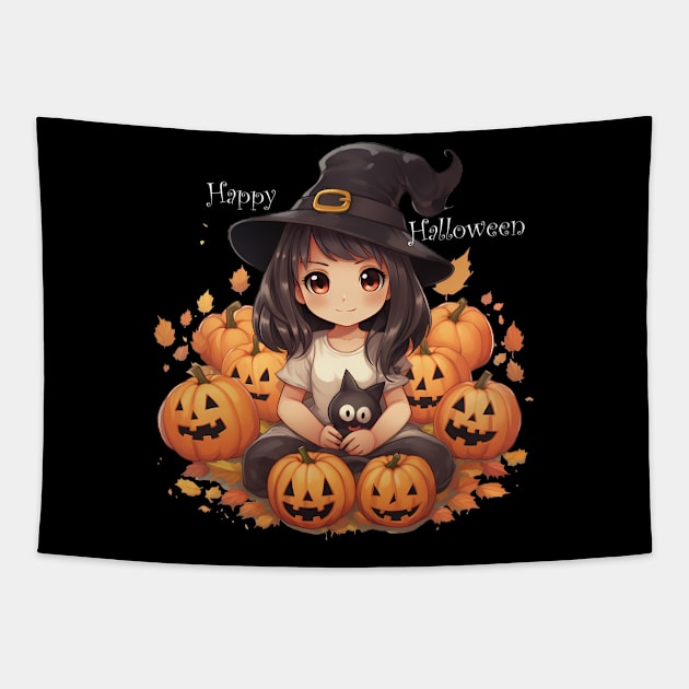 Cute little witch with black cat for Halloween. Tapestry by MLArtifex