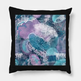 Closely Clustered Jellies Ocean Blue Pillow