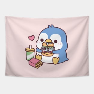 Cute Blue Penguin Eating Fish Burger Tapestry